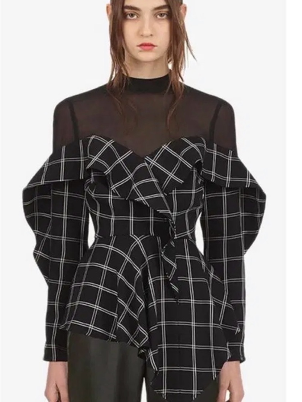 Self-Portrait Black Windowpane Ruffle Peplum Blouse